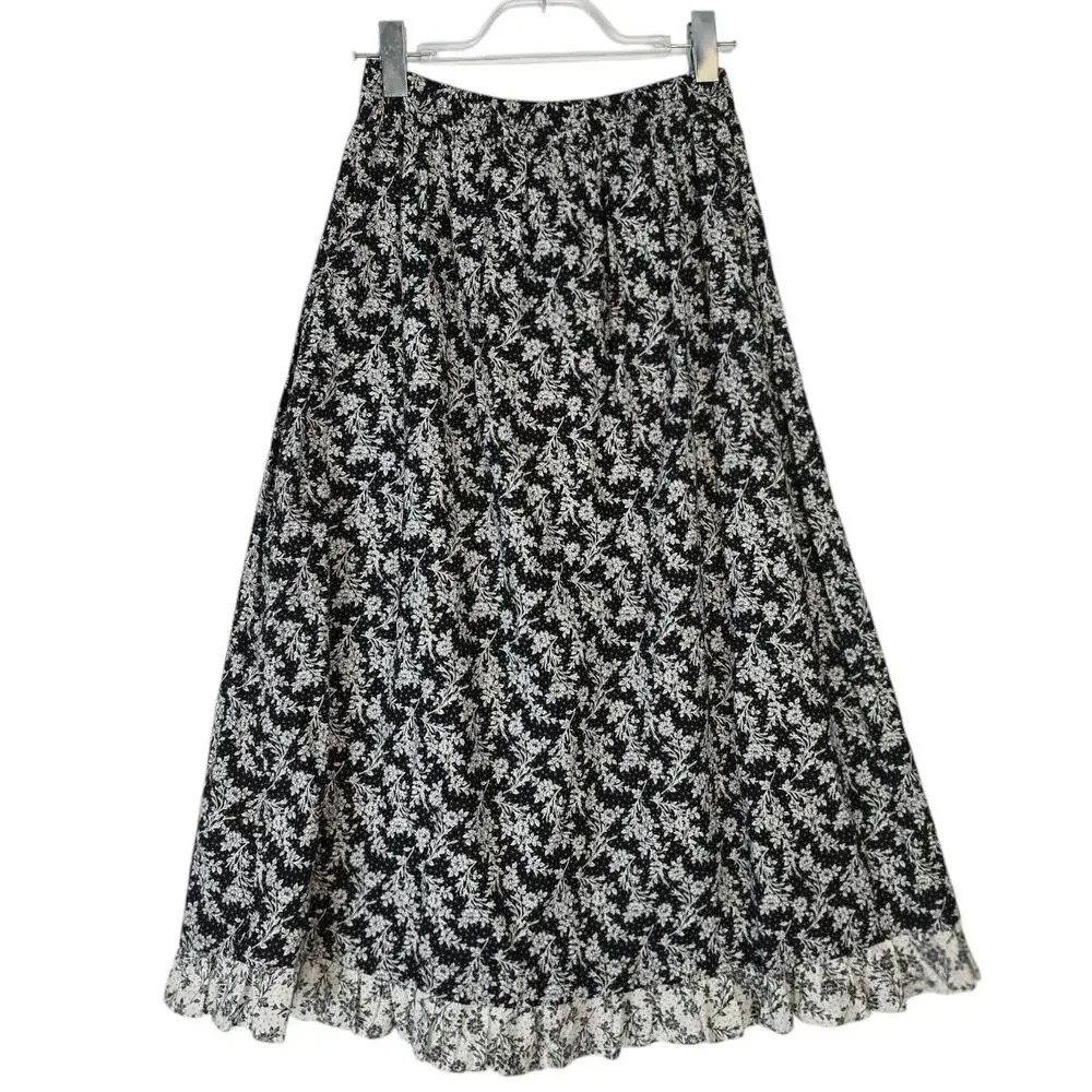 Vintage 90's Personal Maxi Skirt Prairie Cottagecore Black White Floral Cotton